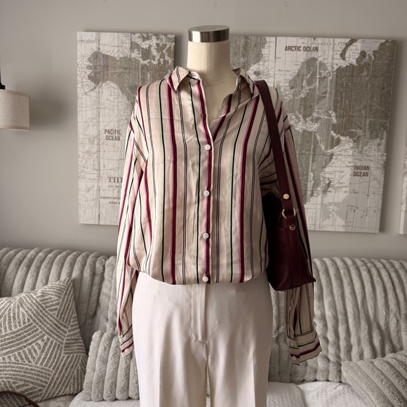 Highline Collective Tops - Highline Collective Womens Striped Button Down Satin Blouse Cream Burgundy S